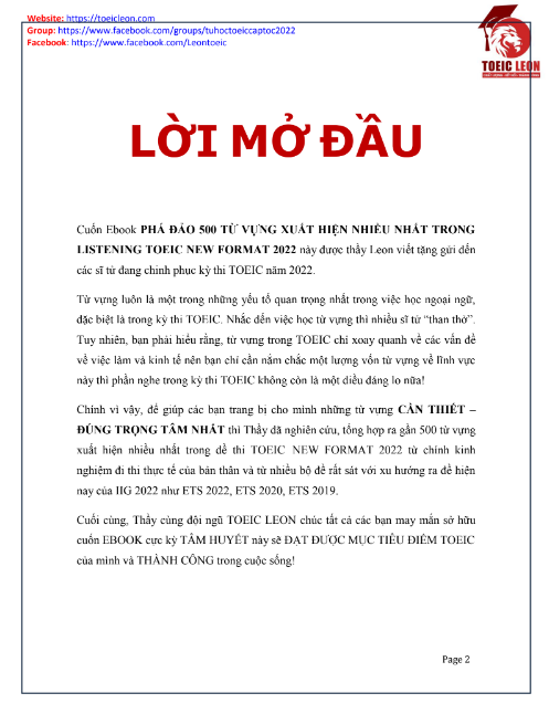 Sách 500 Từ Vựng TOEIC Chắc Chắn Gặp Trong Phần Listening 2022 PDF tải FREE có tiếng Việt
