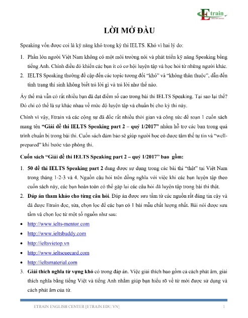 Sách Giải Đề IELTS Speaking Part 2 - Entrain English Center PDF tải FREE có tiếng Việt