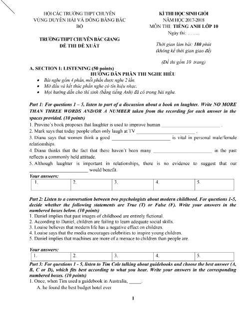 Tải FREE Đề Thi Học Sinh Giỏi Tiếng Anh Lớp 10 PDF - Trường THPT Chuyên Bắc Giang Năm 2017 - 2018