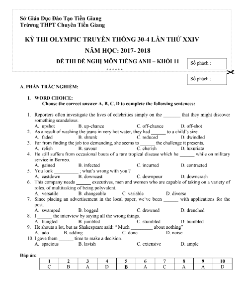 Tải FREE Đề Thi Olympic 11 Môn Tiếng Anh PDF - Truyền Thống 30 - 4 Lần Thứ XXIV Năm 2017 - 2018
