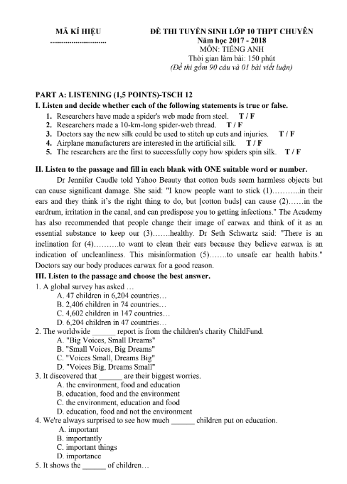 Tải FREE Đề Thi Tuyển Sinh Lớp 10 THPT Chuyên PDF Môn Tiếng Anh Năm 2017 - 2018