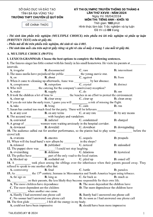 Tải FREE PDF Đề Thi Olympic Truyền Thống 30 Tháng 4 Môn Tiếng Anh Khối 10 Năm 2024