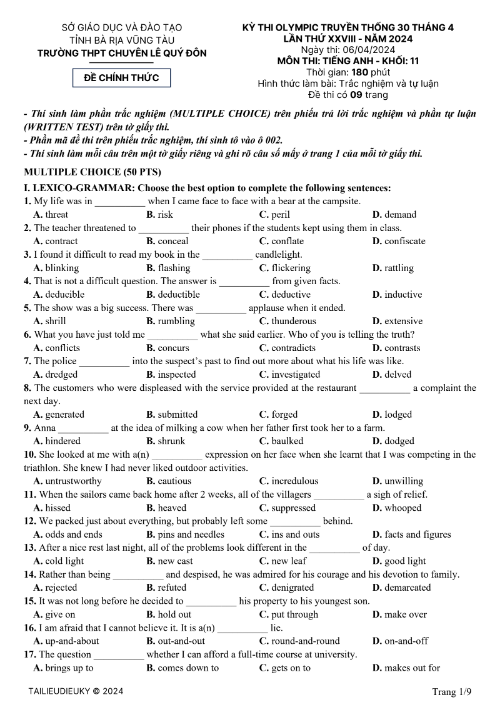 Tải FREE PDF Đề Thi Olympic Truyền Thống 30 Tháng 4 Môn Tiếng Anh Khối 11 Năm 2024