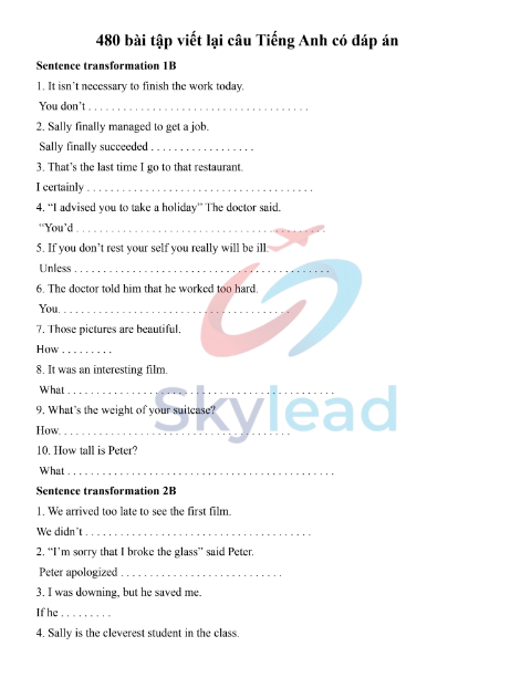 Tải FREE sách 480 Bài Tập Viết Lại Câu Tiếng Anh PDF - Có Đáp Án