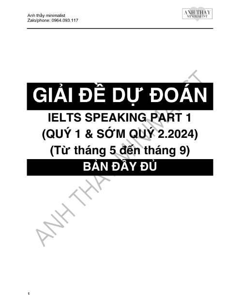 Tải FREE sách Giải Đề Dự Đoán IELTS Speaking Part 1 - Quý 1 Và Sớm Quý 2 - 2024 PDF