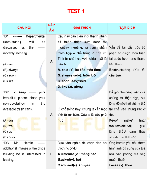 Tải FREE sách Tổng Hợp 1000+ Câu Giải Chi Tiết TOEIC Part 5 PDF có tiếng Việt 4 Tải FREE sách Tổng Hợp 1000+ Câu Giải Chi Tiết TOEIC Part 5 PDF có tiếng Việt