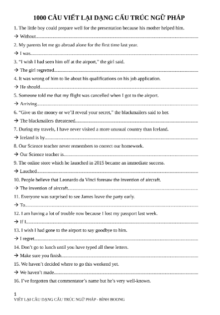 Tải FREE tài liệu 1000 Câu Viết Lại Dạng Cấu Trúc Ngữ Pháp PDF