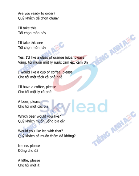 Tải FREE tài liệu 60 Câu Tiếng Anh Phục Vụ Trong Quán CAFE PDF