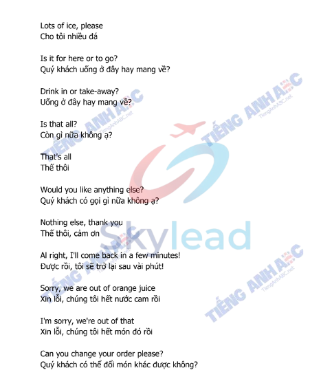 Tải FREE tài liệu 60 Câu Tiếng Anh Phục Vụ Trong Quán CAFE PDF