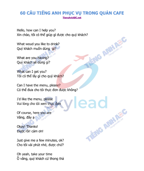 Tải FREE tài liệu 60 Câu Tiếng Anh Phục Vụ Trong Quán CAFE PDF