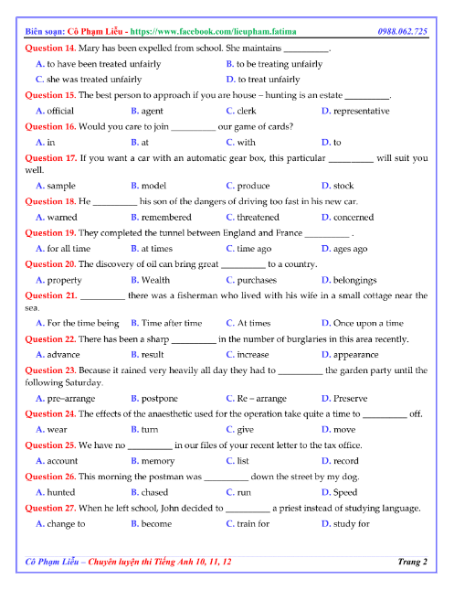 Tải FREE tài liệu 60 Câu Trắc Nghiệm Từ Vựng Hay Lạ Khó PDF Tác Giả Cô Phạm Liễu