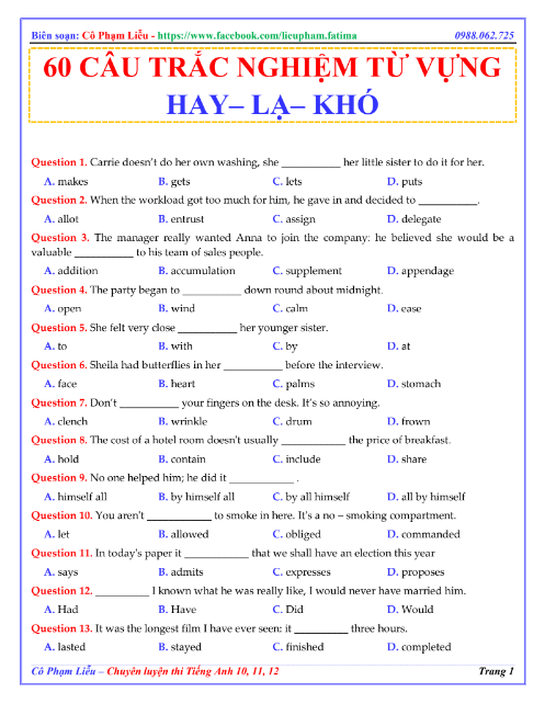 Tải FREE tài liệu 60 Câu Trắc Nghiệm Từ Vựng Hay Lạ Khó PDF Tác Giả Cô Phạm Liễu