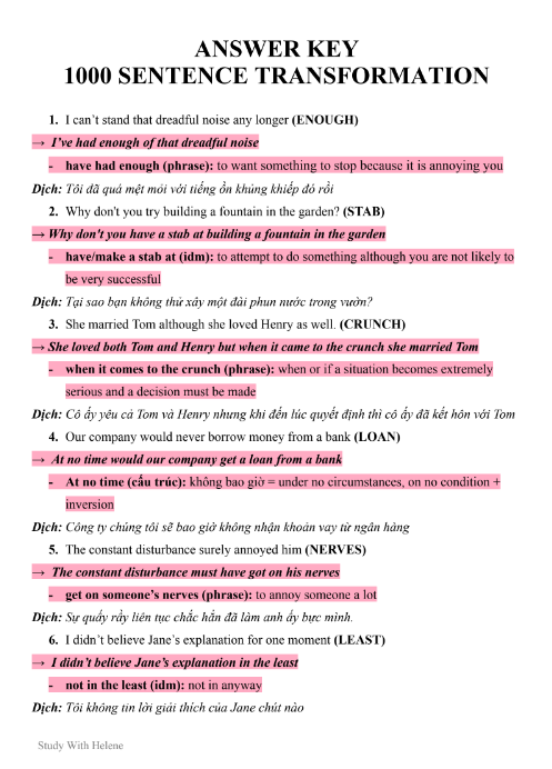 Tải FREE tài liệu Answer Key 1000 Sentence Transformation PDF