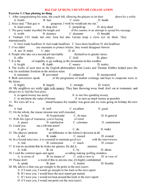 Tải FREE tài liệu Bài Tập Áp Dụng Chuyên Đề Collocation PDF