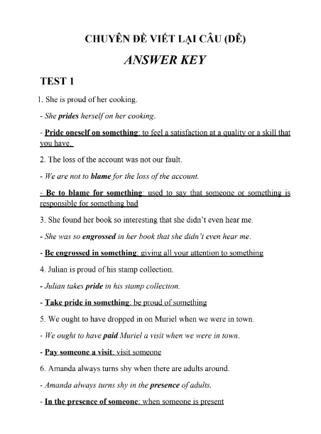 Tải FREE tài liệu Chuyên Đề Viết Lại Câu (Dễ) PDF - Answer Key