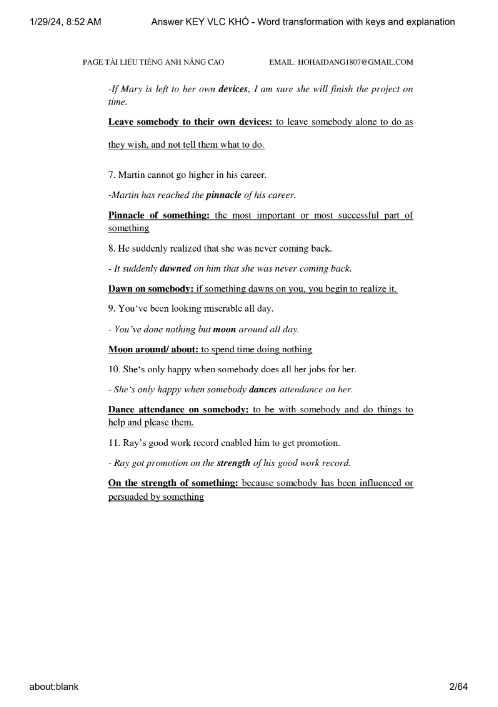 Tải FREE tài liệu Chuyên Đề Viết Lại Câu (Khó) PDF - Answer Key