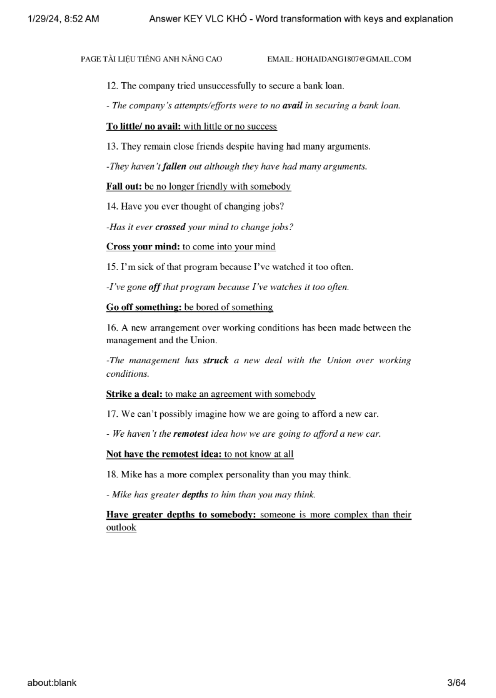 Tải FREE tài liệu Chuyên Đề Viết Lại Câu (Khó) PDF - Answer Key