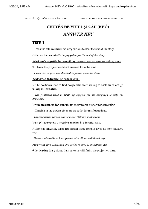 Tải FREE tài liệu Chuyên Đề Viết Lại Câu (Khó) PDF - Answer Key