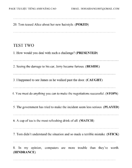 Tải FREE tài liệu Chuyên Đề Viết Lại Câu (Mức Độ Khó) PDF