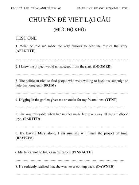 Tải FREE tài liệu Chuyên Đề Viết Lại Câu (Mức Độ Khó) PDF