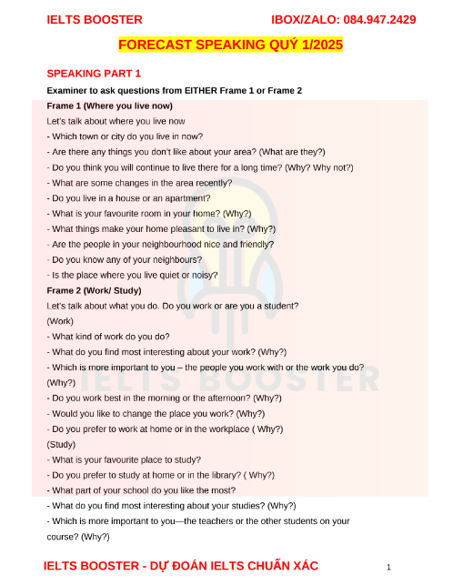 Tải FREE tài liệu Forecast Speaking Quý 1 Năm 2025 PDF