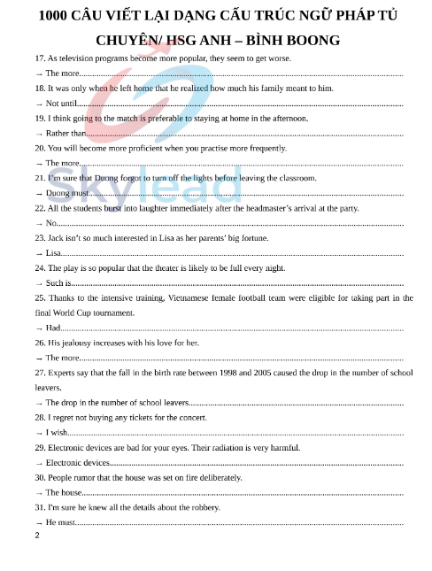 Tải FREE tài liệu PDF 1000 Câu Viết Lại Dạng Cấu Trúc Ngữ Pháp Tủ - Chuyên-HSG Anh Bình Boong