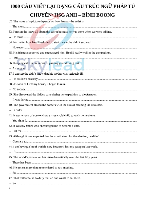 Tải FREE tài liệu PDF 1000 Câu Viết Lại Dạng Cấu Trúc Ngữ Pháp Tủ - Chuyên-HSG Anh Bình Boong