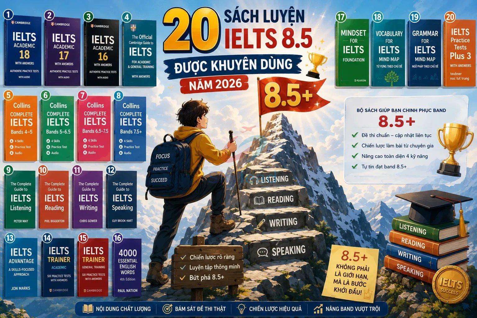 20 sách luyện IELTS 8.5 được khuyên dùng năm 2026